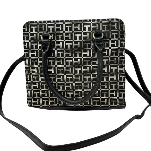 Tommy Hilfiger Monogram Shoulder Bag Black White Gold Hardware Crossbody Tote - Picture 2 of 10